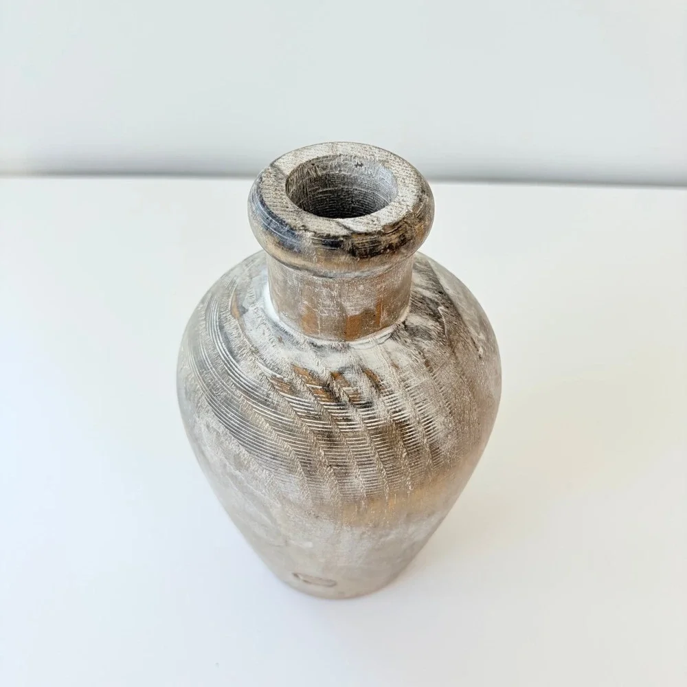 Vintage Hand Carved Whitewash Wooden Vase Rustic Farmhouse Decorative Vessel 7in